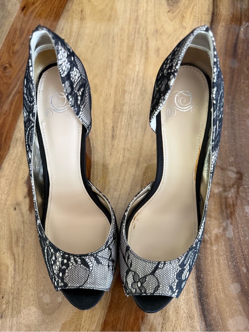 Disney Black Lace Overlay Peep-Toe Heels on Cream